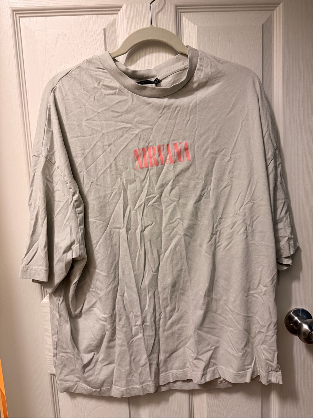 Oversized Nirvana Logo Tee — Light Gray with Pink Print